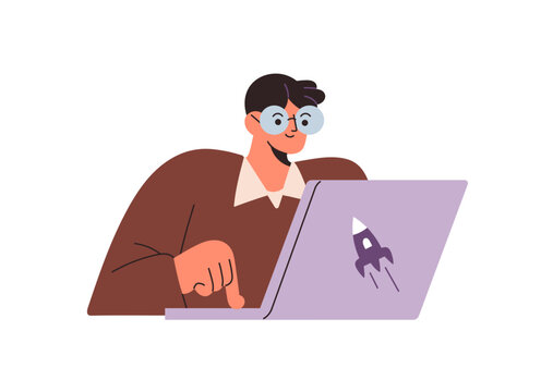 Person in glasses launches startup with a computer. Boy pushes the button on laptop to start up digital project. Business development and programming. Flat isolated vector illustration on white