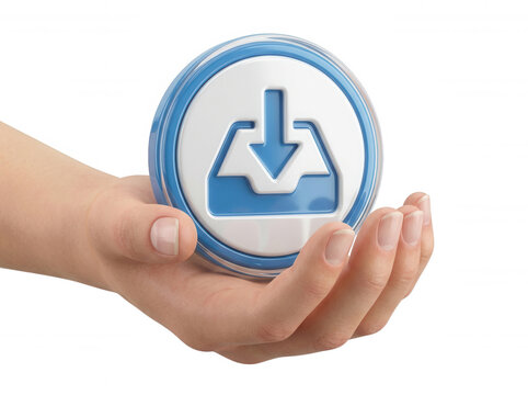 Hand holding blue and white download symbol isolated on a transparent background