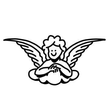 Cute cherub angel with wings, bold black and white line art illustration
