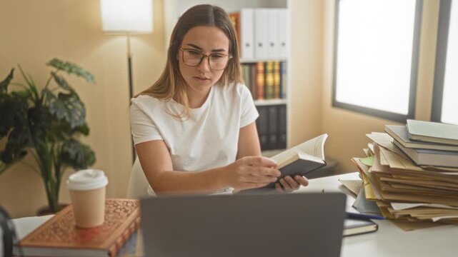 Woman reading a book while referencing a laptop and holding a coffee cup beside stacked folders in a study studio; focused learning.