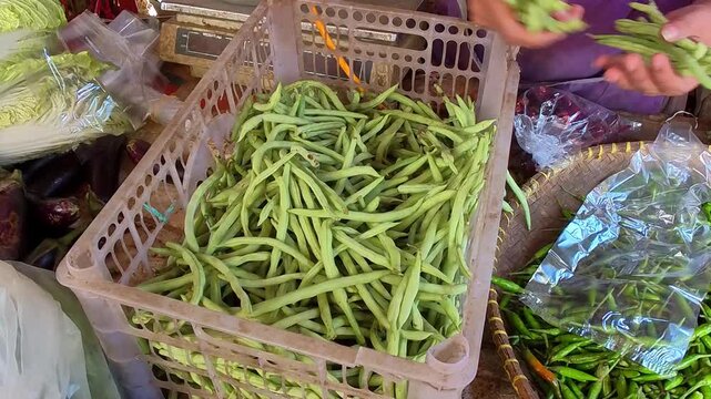 A video of a vegetable vendor selecting fresh green beans from a market stall. Their hands move gently, touching the vegetables. A plastic crate holds a large quantity of long, bright green beans. 4K 
