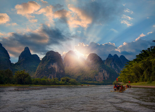 The Li River Near Yangshuo in Guilin, Guangxi Province at sunset, China