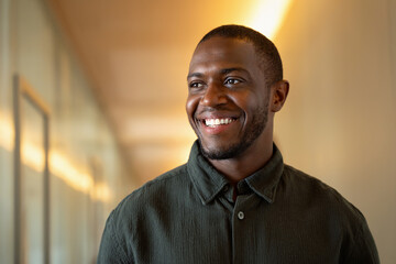 Fototapeta premium Happy 30s african business man laughing in office corridor, closeup portrait of cheerful black professional. Successful manager smiles aside at modern workplace, working online, bank employee.