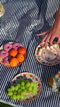 Woman arranging plates and picnic food on a striped blanket in Paris