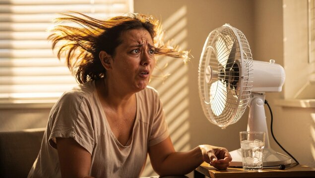 Exhausted person sitting directly in front of a fan during unbearable summer heat, humorous concept for heatwave memes and social media.