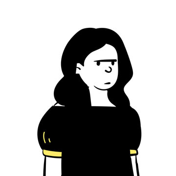 A minimalist hand drawn digital illustration of a young woman with long dark hair showing a skeptical and unimpressed expression in black and white