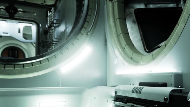 Inside a sleek space module, illuminated by soft lights, the circular windows reveal glimpses of technology and a distant Earth. The atmosphere feels both advanced and isolated.