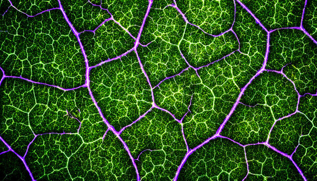 Microscopic view of glowing green plant leaf cells with purple vein network pattern