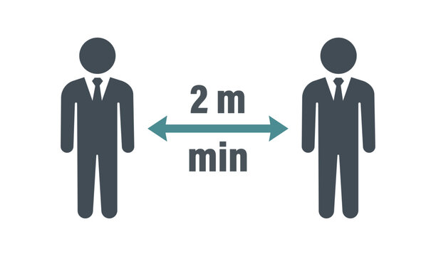 Social distancing icon with two people standing apart with a 2 meter minimum distance sign vector