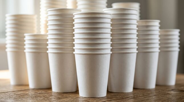 A close up view of several neatly stacked paper cups on a wooden table, emphasizing hands sorting recycling wastem rubbish for eco friendly waste management and sustainability concepts