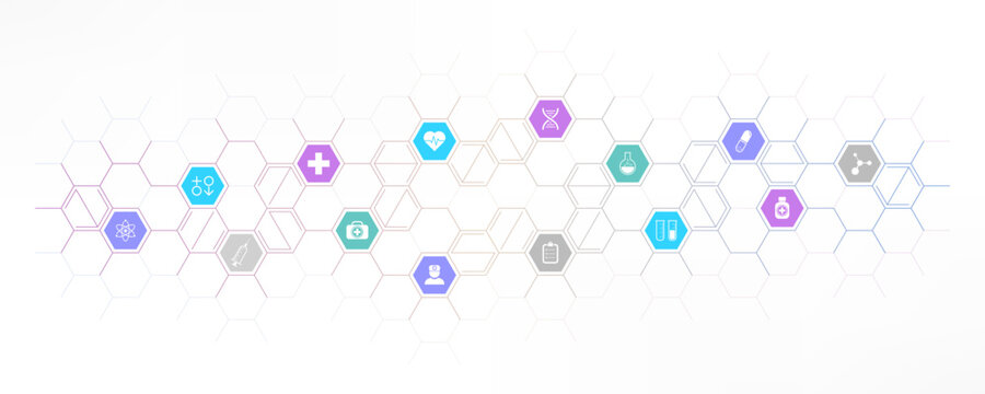 Medical background and healthcare technology with flat icons and symbols. Concept and idea for health care business, innovation medicine, health safety, science, medical research, and development.