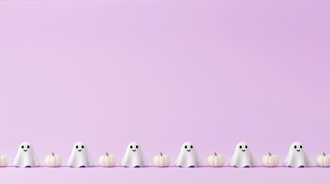 Cute pastel Halloween background with friendly ghosts and blank space