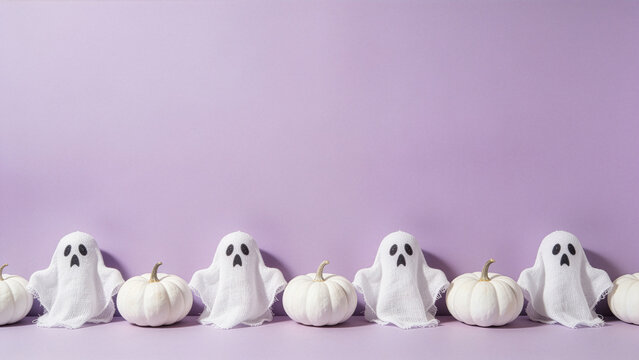 Cute pastel Halloween background with friendly ghosts and blank space