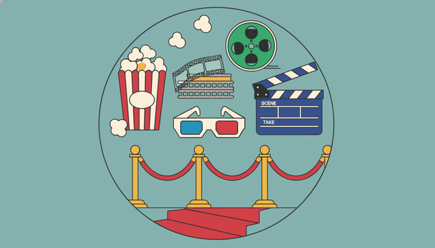Cinema and movie theater elements arranged in a circle including popcorn, film reels, 3D glasses, and a red carpet entrance.