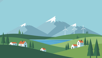Fototapeta premium Peaceful flat landscape illustration of a mountain village by a lake with green hills, pine trees, and wind turbines.