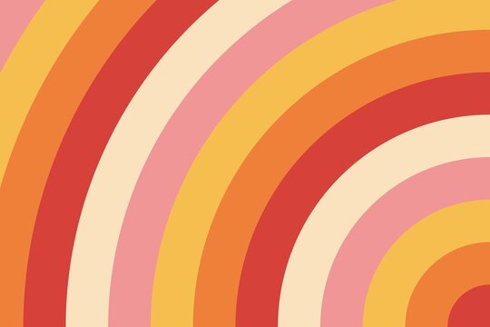 Groovy retro rainbow arc background, sunset 70s psychedelic wavy abstract wallpaper with copy space