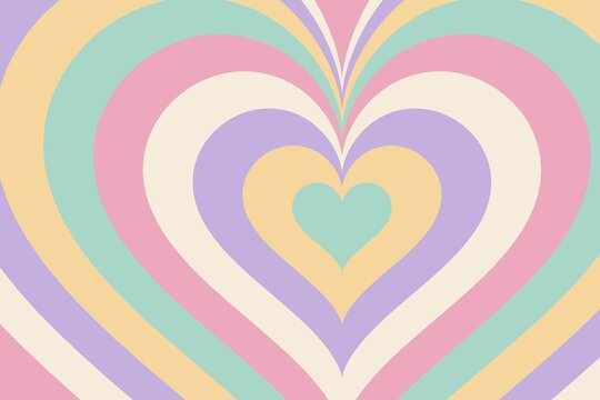 Groovy retro nested heart background, pastel groovy 70s psychedelic wavy abstract wallpaper with copy space