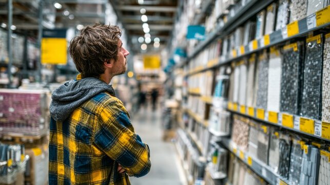 A man in a plaid shirt stands in a warehouse store aisle looking at tile samples on a shelf against a blurred background.