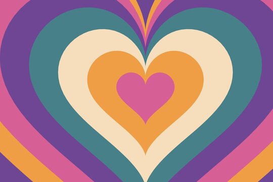Groovy retro nested heart background, purple haze 70s psychedelic wavy abstract wallpaper with copy space