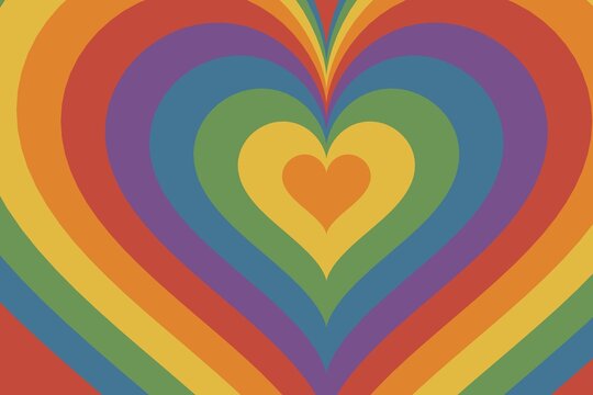 Groovy retro nested heart background, rainbow muted 70s psychedelic wavy abstract wallpaper with copy space