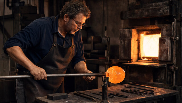 Professional glassblower shaping molten glass at a furnace in a traditional workshop.