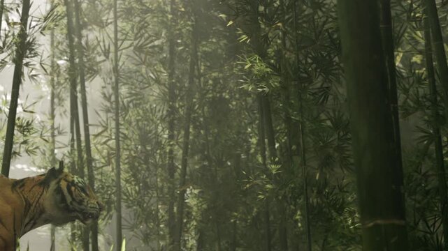 A powerful tiger glides silently through a vibrant bamboo forest, sunlight filtering through the leaves. The atmosphere is peaceful and enchanting, a true symbol of natures beauty.