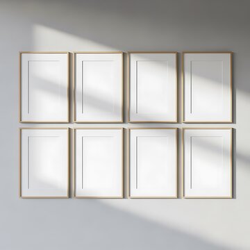 Eight Blank Picture Frames on Gray Wall with Sunlight and Shadows