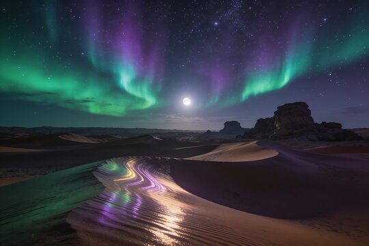 Emerald and violet aurora ribbons illuminate wind shaped desert dunes beneath a starry night sky with subtle moonlight detail