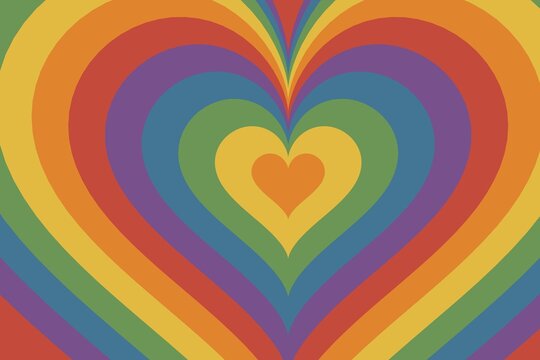 Groovy retro nested heart background, rainbow muted 70s psychedelic wavy abstract wallpaper with copy space