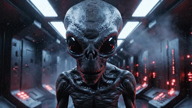 Alien extraterrestrial walking in a futuristic spaceship corridor