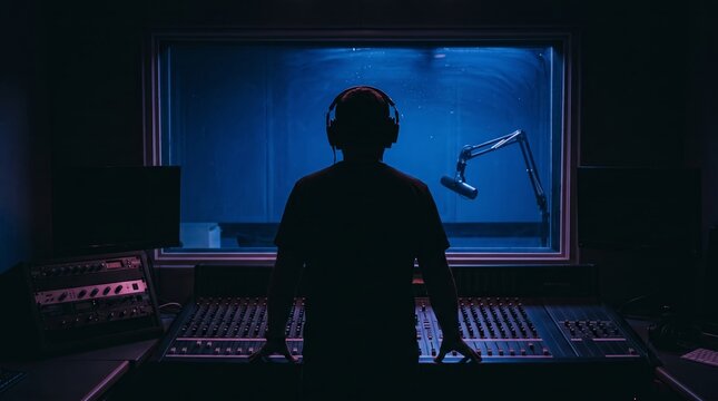 A sound engineer operates a mixer in a dimly lit recording studio with blue lighting. The concept highlights audio production, technology, and creativity in media industries. Generative AI.