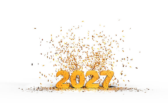 Golden 2027 numbers with flying gold confetti 3d render for New Year greeting card on transparent background