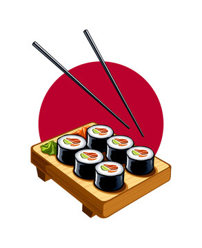 Japanese sushi maki rolls on wooden board with chopsticks, vector illustration isolated