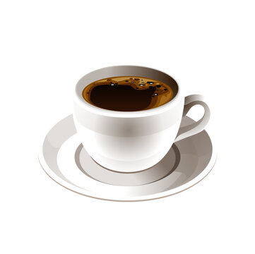 Realistic vector image of elegant white coffee cup on saucer, isolated on white
