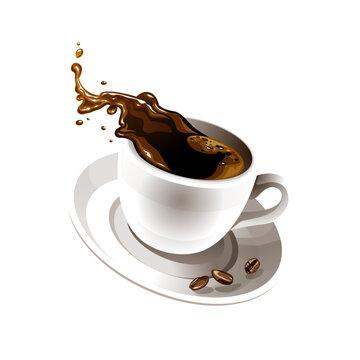 Dynamic scene of white coffee cup and saucer floating, vector isolated on white 