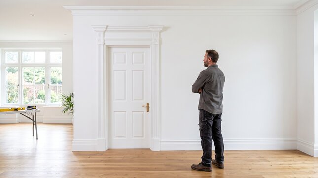 Man Inspecting Ornate Door Casing and Fine Finished Carpentry in a Newly Renovated Room