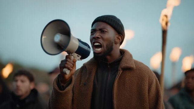 Man Shouting Through Megaphone Leading Protest with Torches at Dusk