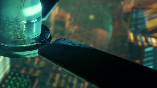 A metallic device glimmers in the dim light, contrasting the colorful cityscape behind. This scene captures a blend of technology and urban life at night, full of intrigue and mystery.