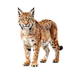 Fototapeta premium A lynx with distinctive ear tufts and spotted fur stands alert on a white background