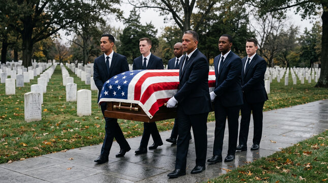Men bearing a United States flag covered casket at gravesite, solemn burial ceremony with remembrance and respect  