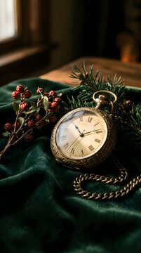 A vintage pocket watch amidst holiday greens and festive winter berries