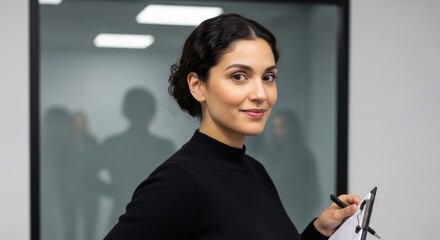 Fototapeta premium Confident young businesswoman holding a clipboard in a modern office