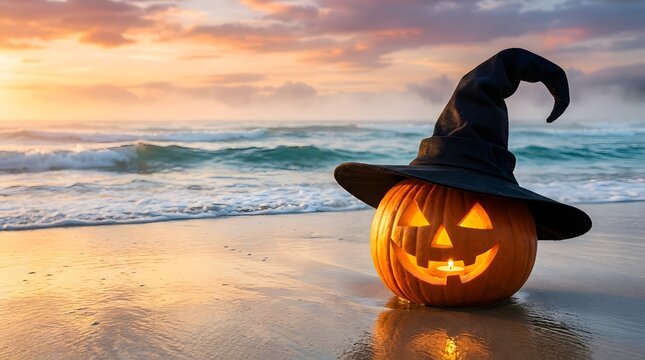 A carved glowing jack o lantern wearing a witch hat on a tropical sandy beach