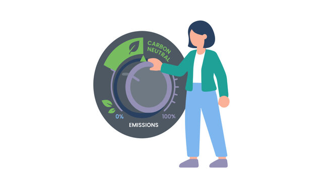 Minimalist flat illustration with a person adjusting a carbon neutral gauge, concept for climate change mitigation, sustainable business strategy, eco-friendly policy implementation and environmental
