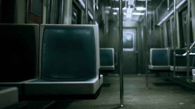 Empty subway train cars softly illuminated showcase lonely blue seats and polished metal poles. The atmosphere feels quiet and still, inviting thoughts during late night journeys.