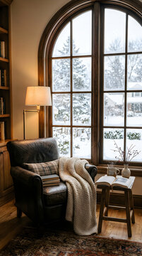 A cozy winter reading nook with a view of a snowy landscape