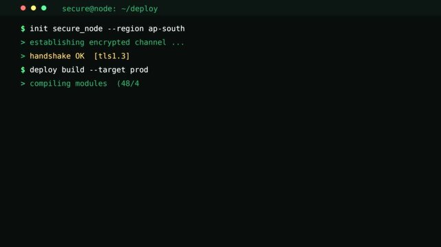 Dark terminal window with commands typing out line by line, blinking cursor and colour-coded status output. Seamless loop for coding and cyber visuals.