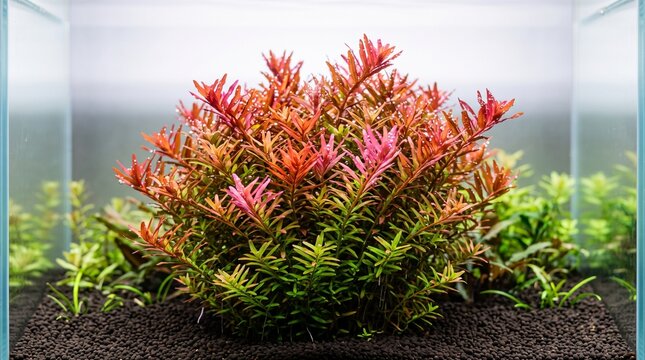 Planted tank bushy plant, Aquatic red-green plant growing in freshwater aquarium with dark substrate  