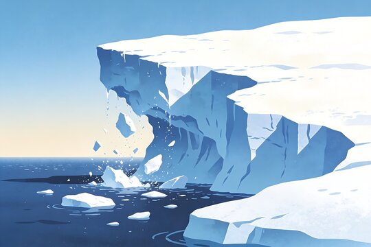 Isometric illustration shows melting polar ice shelves calving into a rising sea in soft blue white minimalist flat design