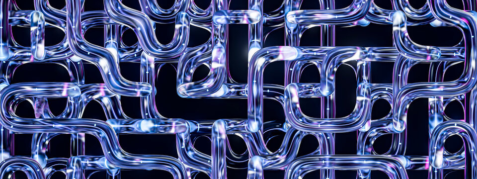 3D Metallic Tube Detail with Reflective Blue Violet Curves and Glossy Surfaces for Modern Digital Technology Background
